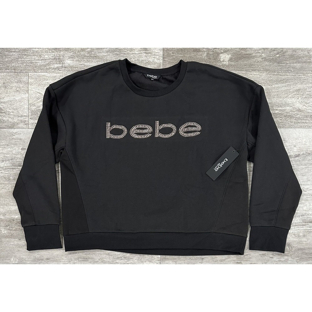 Bebe Sport Black Rose-gold Rhinestone Fleece Sweatshirt Plus Size 2X Long Sleeve